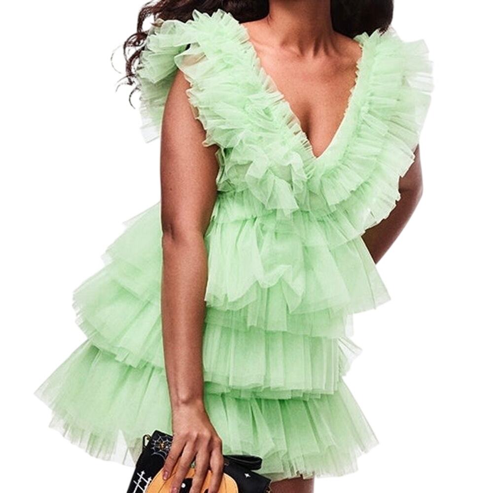 NWT Betsy Johnson Ruffled V-Neck Tiered Tulle Mini Dress - Mint Green
